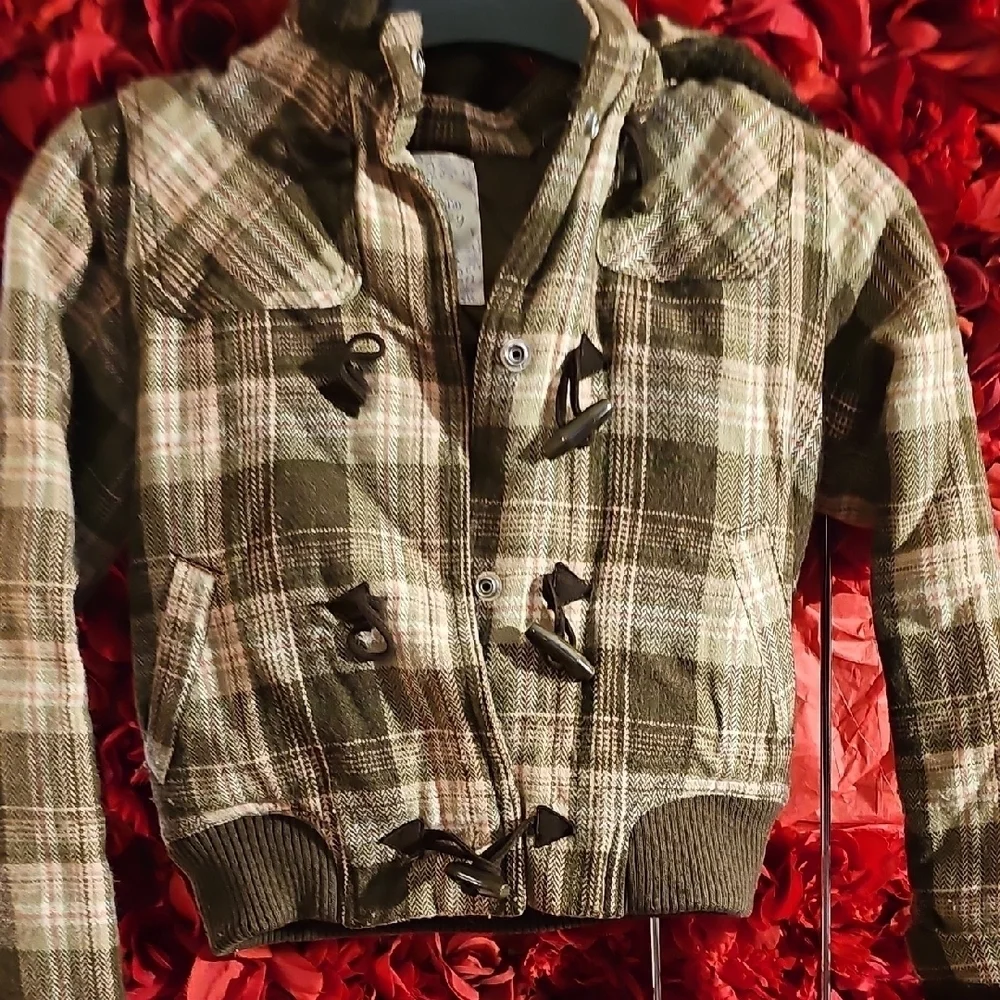Old Navy Girls Plaid Hooded Jacket with Toggle Closures Size Medium